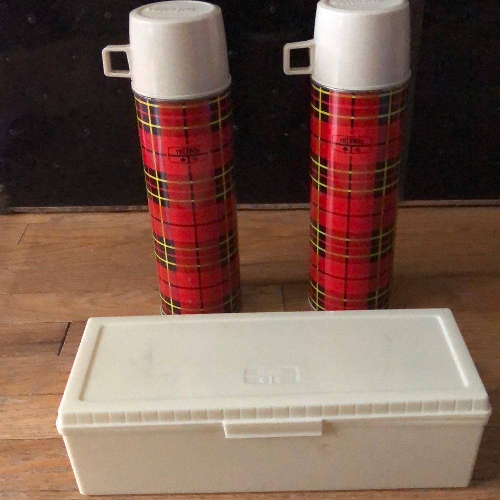 Vintage Plaid Thermos Picnic Set in Original Bag